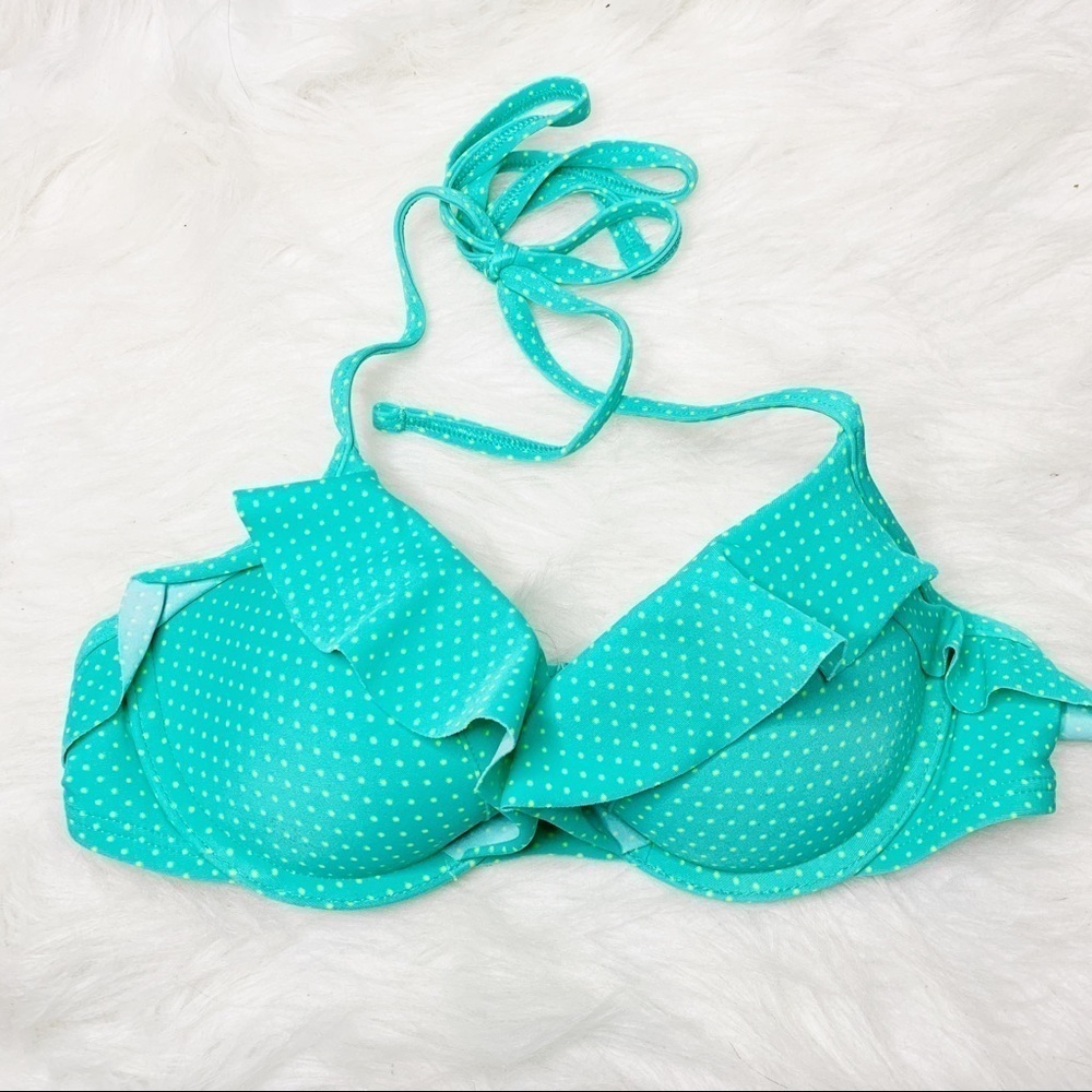 Aerie Teal Polka Dot Ruffle Bikini Top
